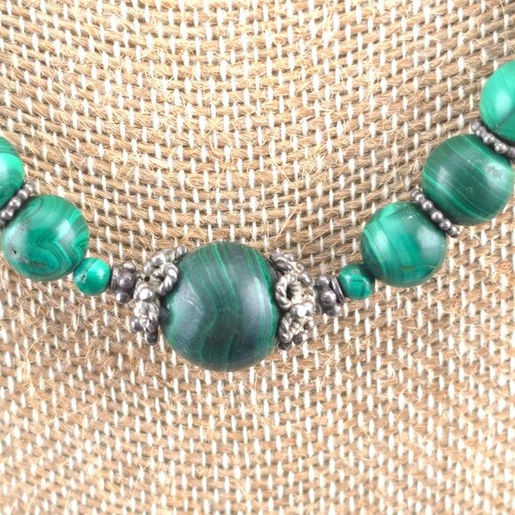 Vintage Malachite Beaded Necklace & Earrings Set Sterling Silver 19 inches - Picture 5 of 8